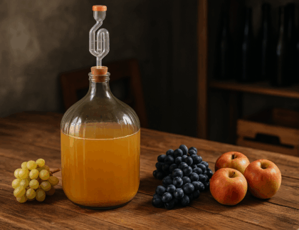 Gärballon mit Früchten auf einem Esstisch