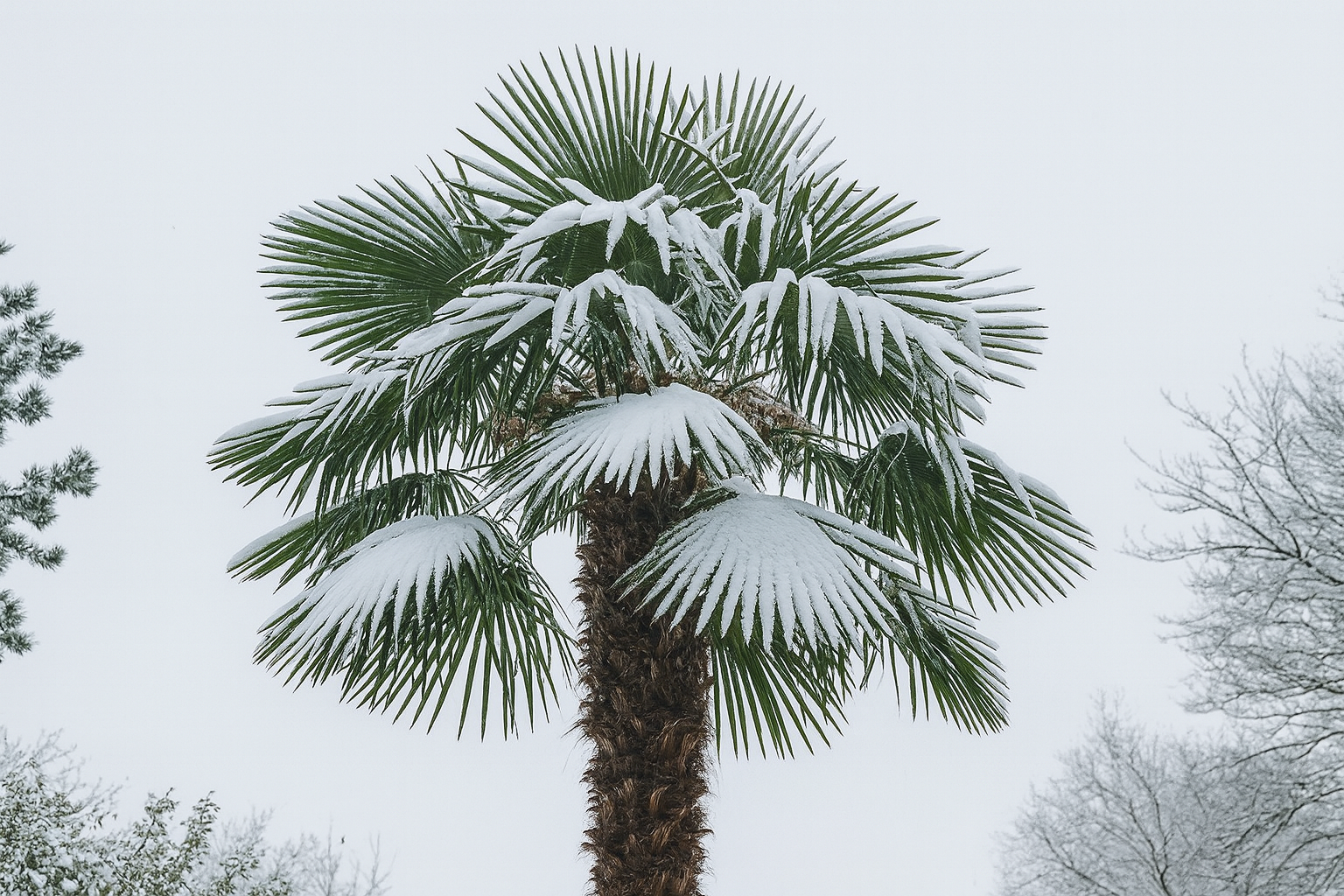 Hanfpalme im Schnee und Winter