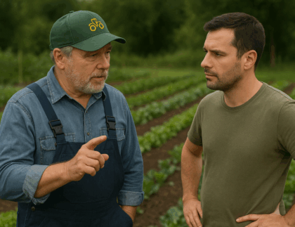 Ein Landwirt erklärt einem Hobbygärtner wie er sein Gemüse düngen soll