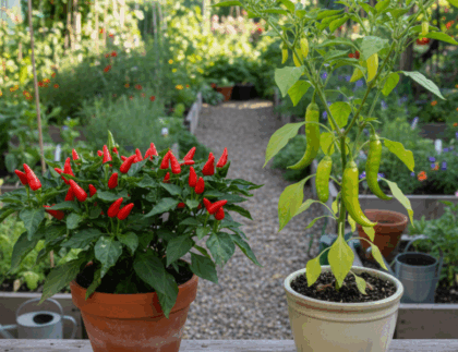 Zwei Chili Sorten im Topf in einem Hobbygarten