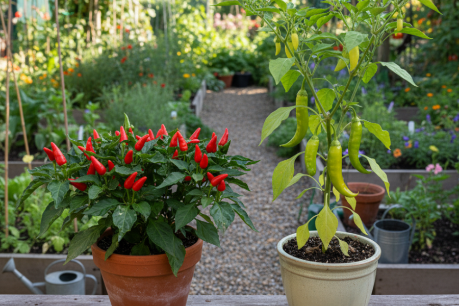 Zwei Chili Sorten im Topf in einem Hobbygarten